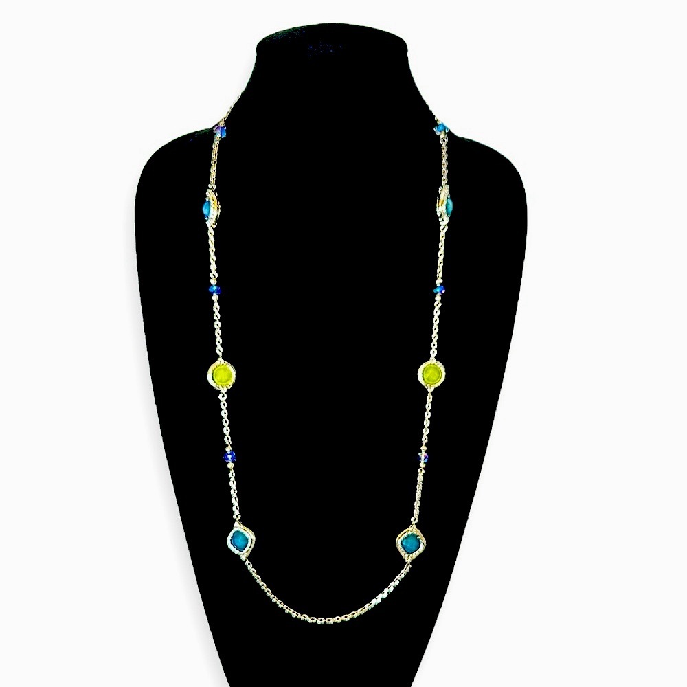 LOFT | Silver-Tone Long Station Necklace with Blue & Green Faceted Beads | NEW